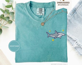Hammerhead Shark Embroidered Comfort Colors Tee, Animal Shirt, Cute Summer Beach T-Shirt, Ocean Lover Shirt, Cute Embroidered Shirt, Sea