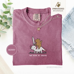 Embroidered Capybara Axolotl Shirt - We Ride at Dawn, Funny Capybara Shirt, Ren Faire Clothing, Cute Animal Gift, Medieval Shirt, CC 1717 Berry