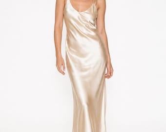 100% Mulberry Silk Wedding Dress – Minimalist Slip Bridal Gown with V-Neck & Open Back, White or Cream | Zayla Clothes