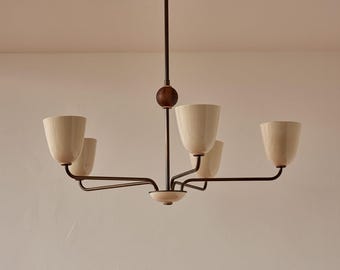 1950s Mid-Century Modern Brass Chandelier | Mid Century Elikei 5-Light Pendant | Stilnovo Ceiling Fixture Fixture
