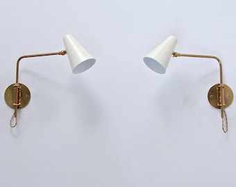 Mid Century Modern Cone Wall Sconces - Pair of White & Brass Swing Arm Lamps - Stilnovo Style 1950s Wall Fixtures