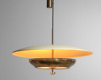Mid Century Modern Pendant Light, Brass Saucer Chandelier, Vintage 1950s Ceiling Lamp, Kalmar Style Retro Hanging Light