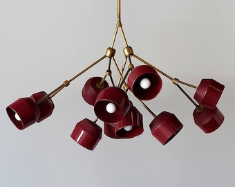 Italian Sputnik Chandelier | Modern Mid-Century Bold Contemporary Brass Light with Burgundy Shades | Statement Ceiling Fixture