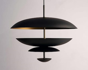 Lámpara de techo empotrada de latón de mediados de siglo (años 50) / Lámpara colgante de araña Cosmic de 6 luces en negro mate / Diseño retro de regolito.