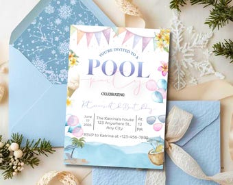 Pool Party Birthday Invitation, Editable Canva Template, Summer Celebration Flyer