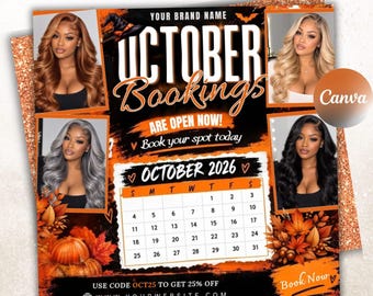 May include: A promotional flyer for October 2026 bookings featuring four portraits of individuals with different hair colors, a calendar grid, orange autumn leaves, and pumpkins. Text includes "OCTOBER BOOKINGS ARE OPEN NOW!" and "USE CODE OCT25 TO GET 25% OFF."
