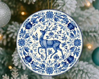 Delft Blue Deer PNG, Ceramic Christmas Ornament PNG, Blue Reindeer Ornament, Xmas Ornaments PNG, Holiday Decor Png, Deer Ornament, Pack of 4