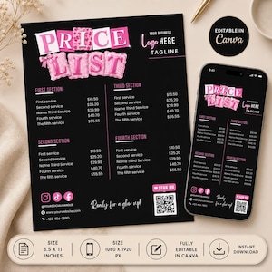 May include: A black price list template with pink balloon-style text reading PRICE LIST, featuring four sections for services, social media icons, a QR code, and contact details. A smartphone displays the same design, with 8.5 x 11 inches text visible.