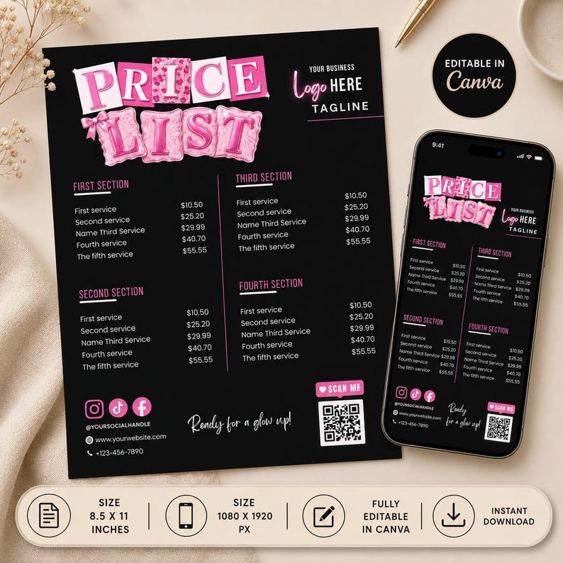 May include: A black price list template with pink balloon-style text reading PRICE LIST, featuring four sections for services, social media icons, a QR code, and contact details. A smartphone displays the same design, with 8.5 x 11 inches text visible.