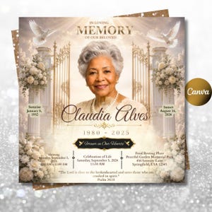 May include: A memorial funeral program card featuring a portrait of an older person with gray hair, framed by white floral pillars and golden gates. Text includes IN LOVING MEMORY OF OUR BELOVED, Claudia Alves, dates, service details, and Psalm 34:18.