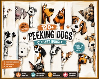 May include: A digital clipart bundle featuring over 120 illustrations of various dog breeds peeking from behind white vertical panels. The central text reads 120+ PEEKING DOGS CLIPART BUNDLE, with additional labels for high quality PNG files.