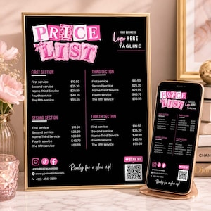 May include: A black price list sign in a gold frame and a matching smartphone display. The design features pink balloon-style text reading PRICE LIST, sections for services with prices, social media icons, a QR code, and the text Ready for a glow up.