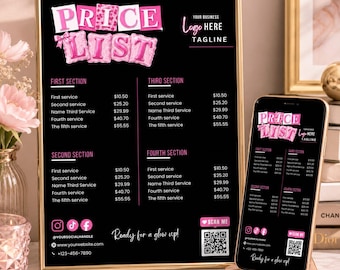 May include: A black price list sign in a gold frame and a matching smartphone display. The design features pink balloon-style text reading PRICE LIST, sections for services with prices, social media icons, a QR code, and the text Ready for a glow up.