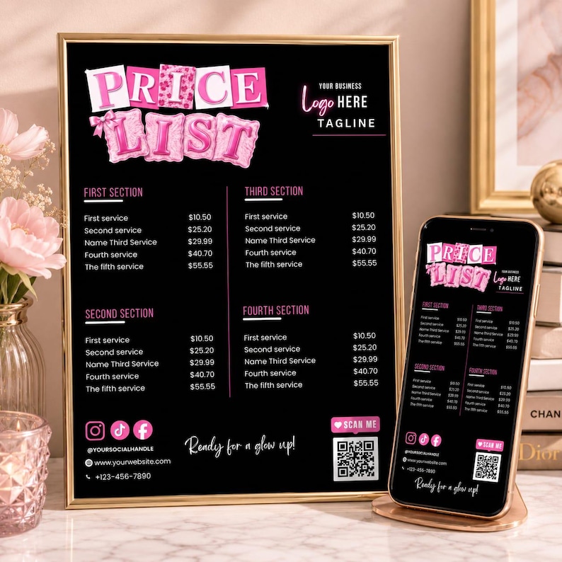 May include: A black price list sign in a gold frame and a matching smartphone display. The design features pink balloon-style text reading PRICE LIST, sections for services with prices, social media icons, a QR code, and the text Ready for a glow up.