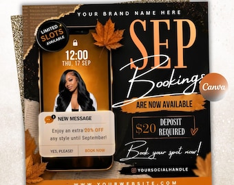 May include: A digital flyer with a black and orange autumn theme featuring a smartphone displaying a person with long dark hair, a notification reading "NEW MESSAGE Enjoy an extra 20% OFF any style until September!", and text "SEP Bookings".