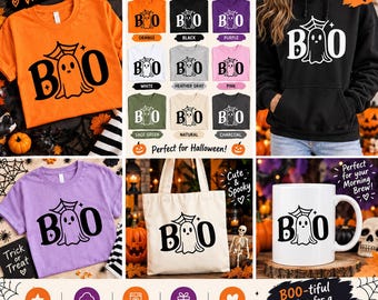 May include: A collection of apparel and accessories featuring a ghost graphic with the text BOO, including orange, black, purple, white, gray, pink, green, natural, and charcoal t-shirts, a black hooded sweatshirt, a tote bag, and a white mug.