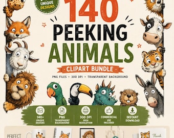 Peeking Animals Clipart Bundle, 140+ PNG, 300DPI PNG, Funny Animals Clipart, Peeking Animals Png, Woodland Animal PNG, Cute Animal Clipart