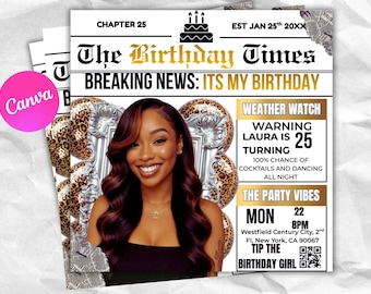 Newspaper Birthday Invitation, Birthday Newspaper Template, Birthday Party Invite, Leopard Print Party Invite, Birthday Dinner Invite