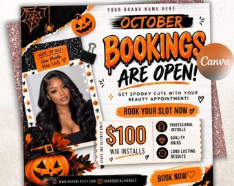 May include: A promotional flyer for October hair appointments featuring a black and orange Halloween theme. It includes a photo of a person with long dark wavy hair, a jack-o'-lantern, and text stating October Bookings Are Open, $100 Wig Installs, and Book Now.