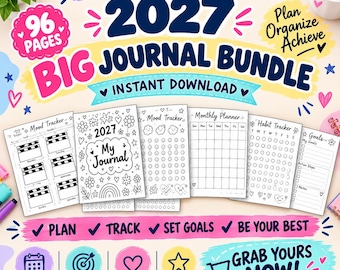 Op de afbeelding: Een 2027 journal-bundel als digitale download met 96 pagina's in letter- en A5-formaat. Bevat printbare vellen voor stemmingsregistratie, maandplanning, gewoonteregistratie en doelen stellen met zwart-witte lijntekeningen.