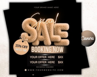 May include: A black promotional graphic featuring the text Special SALE in large, beige, fuzzy, fur-like 3D letters. A circular beige tag hangs from the text with the words 25% OFF LIMITED TIME. Additional text includes BOOKING NOW, placeholders for offers, and a website URL.