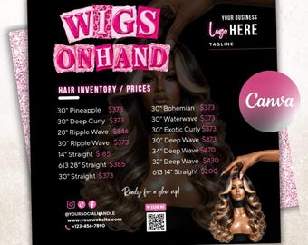 May include: A digital flyer for hair products featuring the text WIGS ON HAND in pink. The list includes various lengths in inches and prices in dollars for styles like Pineapple, Deep Curly, Ripple Wave, Straight, Bohemian, and Deep Wave.