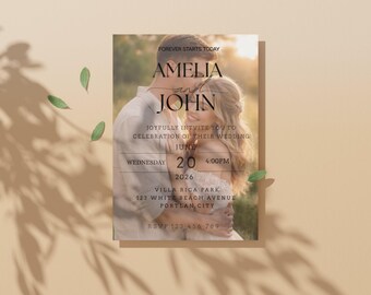 Minimalist Modern Arched Wedding invitation templete with Photo Digital Printable instant Boho Evite Trendy