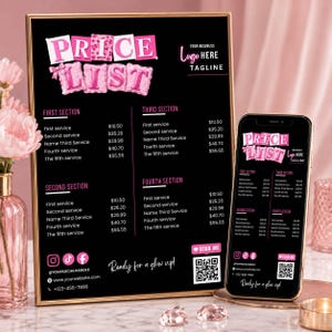 May include: A black price list sign in a gold frame and a smartphone displaying the same design. The text reads PRICE LIST in pink balloon letters, with sections for services, prices, social media icons, a QR code, and the text Ready for a glow up!