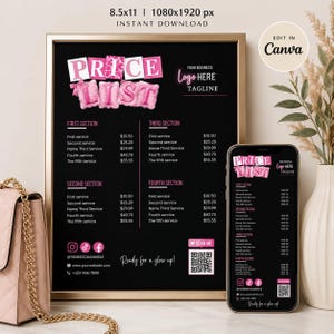 May include: A black digital price list template with pink balloon-style text reading PRICE LIST, featuring sections for services and prices, social media icons, a QR code, and the text Ready for a glow up, displayed on a framed print and a smartphone.