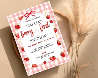 Berry First Birthday Invitation,Summer Strawberry Birthday Invitation,1st Birthday Invitation,Canva Digital Invit,Red bow Gingham invitation