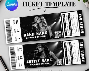 May include: Two editable ticket templates featuring black and white concert photography of performers. Each ticket includes placeholders for band or artist name, Michigan Stadium location, date, time, seat 78, row 23, gate 7, and a QR code.