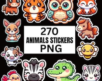 Cute Animals Stickers Bundle, 270 Digital Stickers, Kawaii Animal Clipart, Animals PNG Bundle, Zoo Animals Stickers, Instant Download