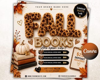 May include: A promotional flyer featuring the text FALL BOOKS with leopard print lettering, a white pumpkin on a stack of books, and autumn leaves. It includes sections for special offers, a clipboard with $25 DEPOSIT REQUIRED, and the code FALL26.