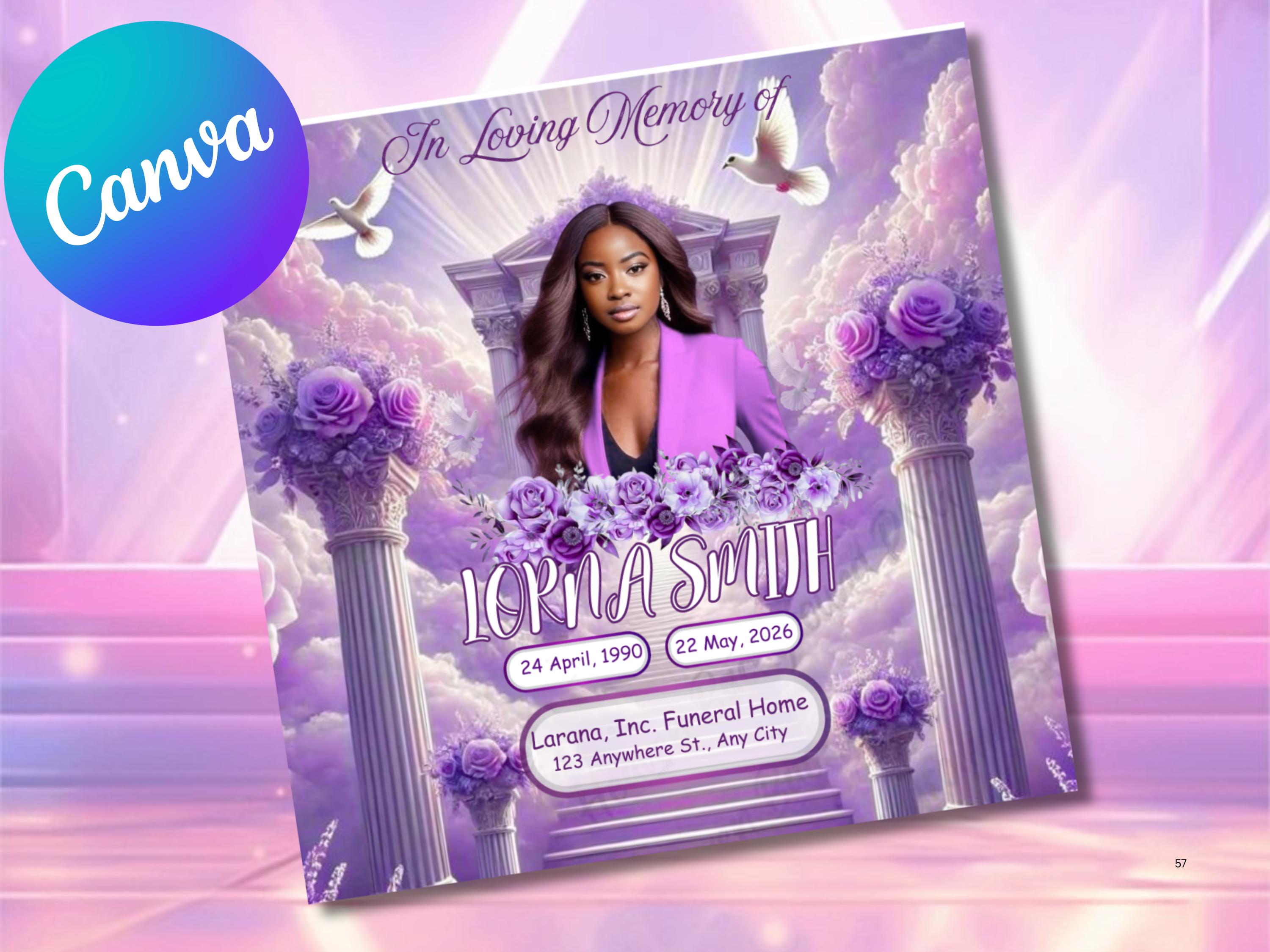 Purple Funeral Announcement Flyer Template, Editable Invitation ...