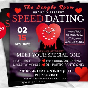 Plantilla editable para folleto de citas rápidas, fiesta de San Valentín (descarga digital)