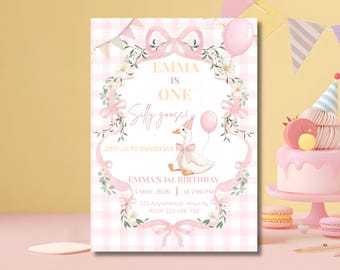 Silly Goose First Birthday Invitation, Floral Bow Pink Gingham Girl Party (Digital Template)