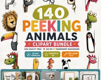 Peeking Animals Clipart Bundle, 140+ PNG, 300DPI PNG, Funny Animals Clipart, Peeking Animals Png, Woodland Animal PNG, Cute Animal Clipart