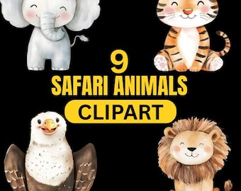 9 Safari Animals Clipart, Lion, Giraffe, Nursery Art, Jungle Animals Clipart, Cute Watercolor Animal, Jungle Animals, Digital Download