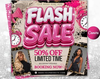 May include: A square promotional graphic featuring the text FLASH SALE in large, 3D pink and white letters. The design includes two pink alarm clocks, a pink megaphone, and two photographs of individuals. Text reads 50% OFF LIMITED TIME.