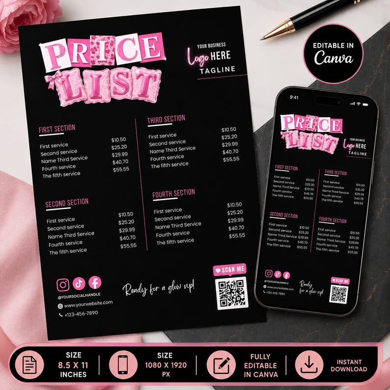 May include: A black price list template with pink balloon-style text reading PRICE LIST, featuring four service sections, social media icons, a QR code, and the text Ready for a glow up. Includes a mobile phone display and 8.5 x 11 inches size text.