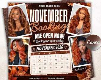 November Booking Flyer, November calendar, November Books Open, November Hair Flyer, November Hair Flyer, Fall Booking Flyer, Canva Template