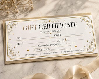 May include: A rectangular gift certificate with gold foil accents on a white background. The text reads GIFT CERTIFICATE, The perfect gift for you!, TO:, FROM:, VALUE $, GIFT:, Enjoy something special just for you!, VALID UNTIL:, SOCIALHANDLE, BUSINESS NAME HERE, and WWW.YOURWEBSITE.COM.
