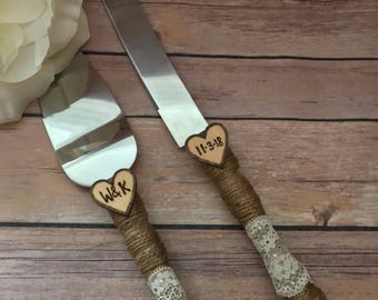 Rustic Cake Knife Set, Wedding Accessory, Burlap Cake Knife Set, Lace Wedding Knife & Server Set, Engraved Cake Knife Set,Ivory lace