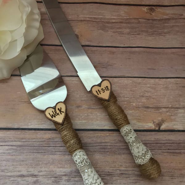 Lace CottageCore Rustic Personalized Wedding Cake Server & Knife Set,BOHO Cake Knife Set,Engraved Cake Knife Set