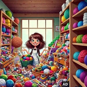 May include: A colorful illustration of a craft room filled with yarn and supplies. Shelves are packed with balls of yarn in various colors. A person with brown hair and an apron stands in the center, surrounded by baskets and scattered craft materials.