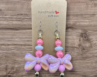 Handmade Pink Bow Beaded Earrings