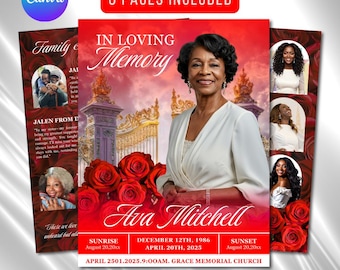 Red Roses Funeral Program Template: 8-Page Memorial (Canva, Digital Download)