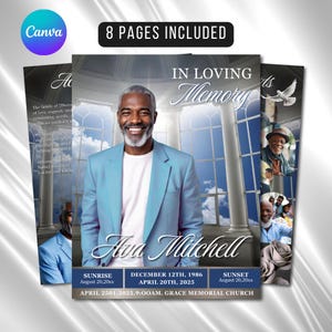 May include: A memorial service template featuring a smiling man in a blue blazer. The design includes the text "In Loving Memory" and "Ava Mitchell", along with dates and times. The Canva logo and "8 Pages Included" are also visible.