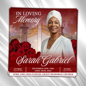 Flyer de faire-part pour les funérailles des roses rouges : Faire-part pour la célébration de la vie (modèle toile, téléchargement numérique, 20 x 20 cm)