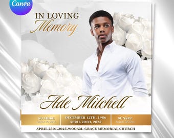 White Roses Funeral Announcement Flyer: Celebration of Life Invitation (Canva Template, Digital Download, 8x8")